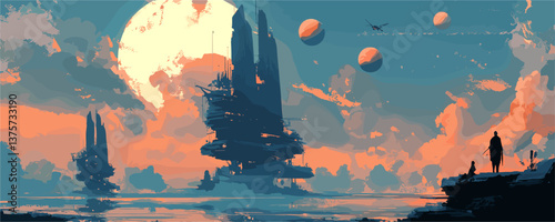 Sci-fi futuristic landscape with moons and spacecraft against a sunset sky - vector.