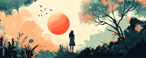 Silhouette of woman in scenic sunset landscape with birds and trees - vector.