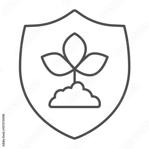 Plant with leaves on safety emblem thin line icon, eco tourism concept. Vector graphics. Protection shield with leaf plant sign on white background, outline style icon for mobile or web design.
