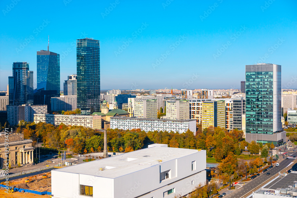 Dynamic skyline of Warsaw blending modern skyscrapers with mid-century architecture, illustrating the architectural diversity of Poland's capital
