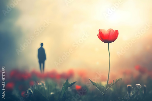Single red tulip stands tall in a misty field as a distant figure fades into light, symbolizing love, memory, and quiet resilience.