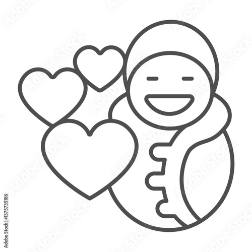 Baby child in swaddling clothes and hearts thin line icon, charity concept. Vector graphics. Children clothes donations sign on white background, outline style icon for mobile or web design.