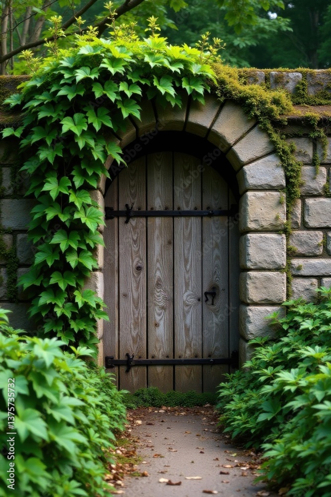Old stone wall covered in ivy and moss with a worn wooden gate, ivy, rustic black grunge, moss Old stone wall covered in ivy and moss with a worn wooden gate, ivy, rustic black grunge, moss