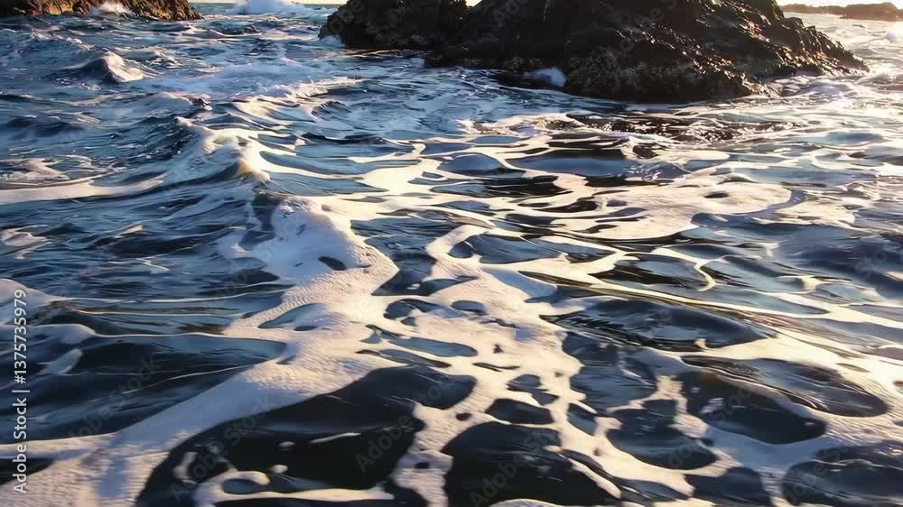 Ocean water gently flowing over dark rocks Ocean water gently flowing over dark rocks
