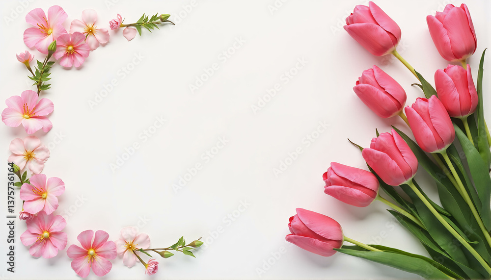 Fototapeta premium Tulips on white background. Flowers bouquet for women's day, mother's day, valentine's day holiday celebration. Top view, flat lay with copy space. Floral greeting card