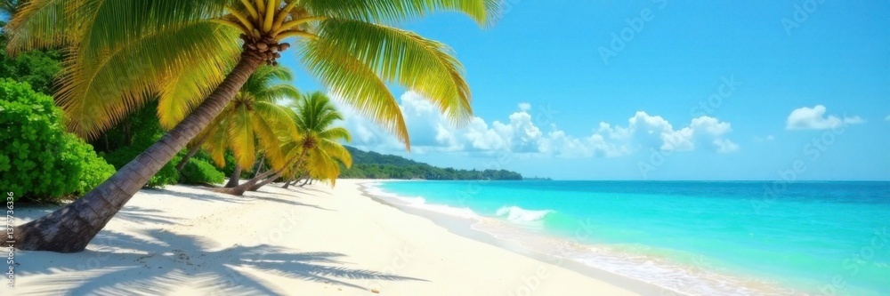 Fototapeta premium Palm tree lined beach with turquoise waves and sand, sandy, water, clear