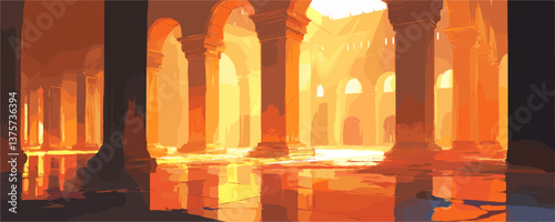 Sunlit ancient ruins with majestic arches and columns in warm tones - vector.