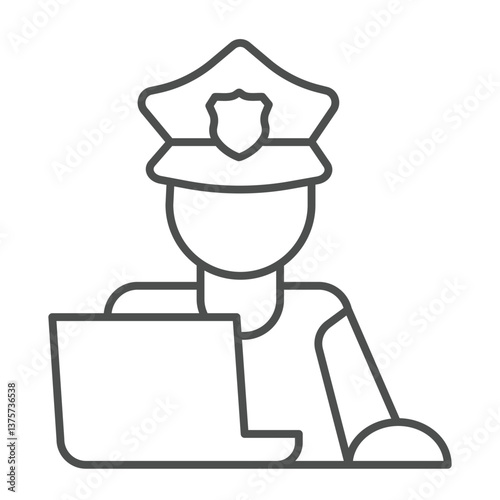 Police officer with hat and laptop thin line icon, law and order concept. Vector graphics. Policeman with computer database sign on white background, outline style icon for mobile or web design.