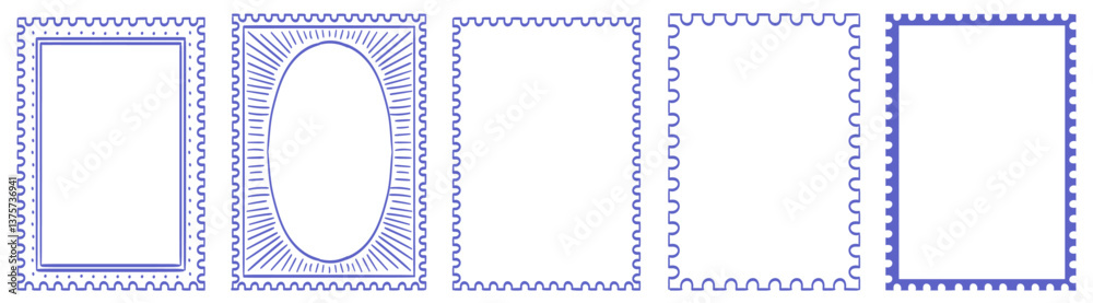 Stamp or letter mark inspired frames for greeting cards, wedding and birthday party, picnic invitations in marine sea coastal style. Hand drawn ornament borders for social media decoration template.