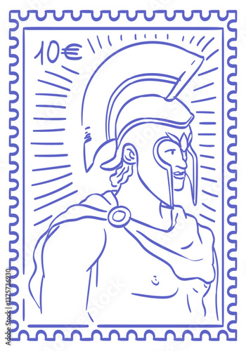 Letter mail stamp or sticker print, wall art vector travel postcard, summer Greece engraving placard or poster. Retro frame or border element design with Greek warrior. Perfect for interior design.