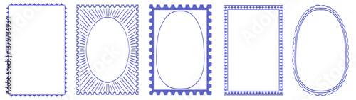 Stamp or letter mark inspired frames for greeting cards, wedding and birthday party, picnic invitations in marine sea coastal style. Hand drawn ornament borders for social media decoration template.