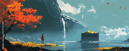 Lone hiker near autumn tree overlooking serene lake with majestic waterfall - vector.
