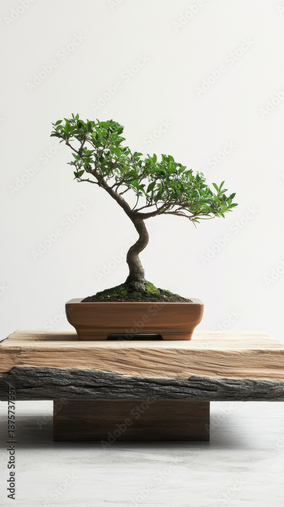 beautiful bonsai tree is elegantly displayed on wooden podium, showcasing its intricate design and vibrant green leaves. natural wood enhances serene atmosphere of setting beautiful bonsai tree is elegantly displayed on wooden podium, showcasing its intricate design and vibrant green leaves. natural wood enhances serene atmosphere of setting