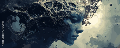 Surreal portrait of woman with abstract hair and oceanic elements in profile view - vector.