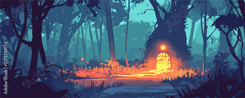 Enchanted forest with glowing treehouse and mystical light path at dusk - vector.