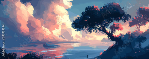 Dramatic sunset over ocean with lone tree and clouds landscape vector.