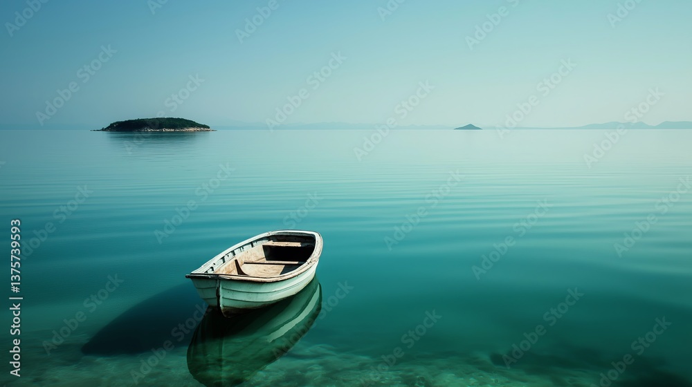 A rowboat floating in a vast, glassy sea with a distant island in view A rowboat floating in a vast, glassy sea with a distant island in view