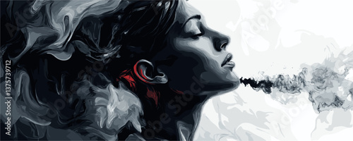 Abstract grayscale woman exhaling smoke in artistic portrait vector.