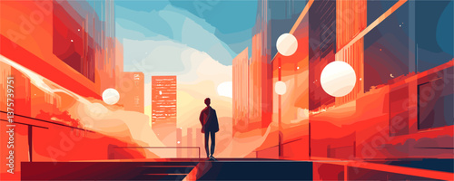 Silhouetted figure in vibrant urban sunset scene with abstract buildings - vector.