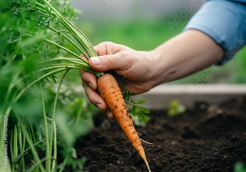 Hand gently pulling a ripe, organic carrot from dark soil in a garden bed, showcasing farm to table freshness