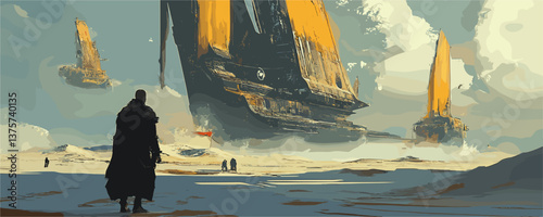 Sci-fi desert landscape with giant spaceships and silhouetted figures - vector.