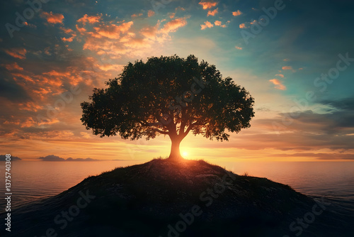 Miniature scene of a small figure standing near a young tree atop a rocky mound, surrounded by dreamy bokeh. Concept of perspective and growth.