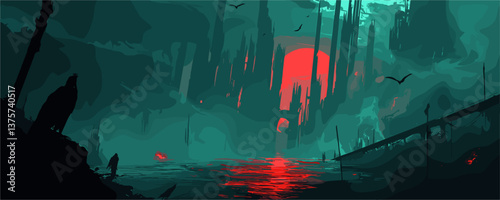 Surreal red sun over alien landscape with dark silhouettes and birds - vector.
