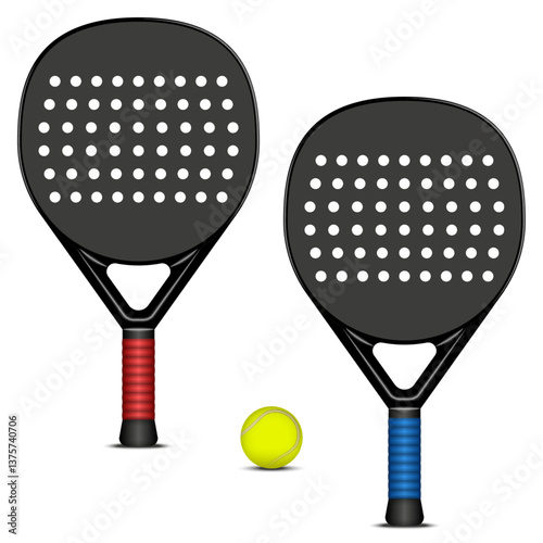 Padel tennis sports equipment set with two black perforated rackets with red and blue grips and yellow ball isolated on white background realistic 3d vector clipart.