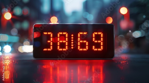 A digital clock with a red display is placed on a reflective surface with a blurred background of city lights.