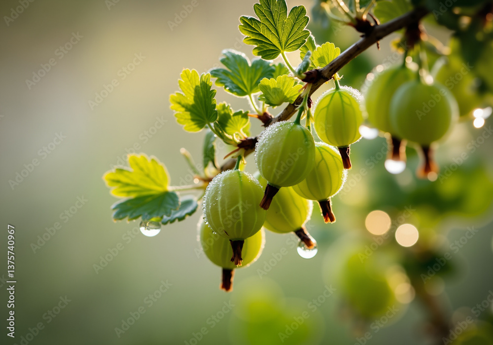 Fototapeta premium Close up of ripening gooseberries covered with morning dew, capturing the freshness and vitality of nature