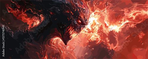Fiery demon creature in intense flames with glowing eyes - vector.