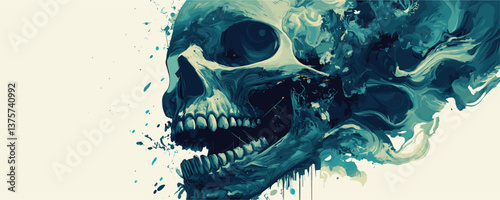 Abstract artistic skull with splash effects and green tones - vector.