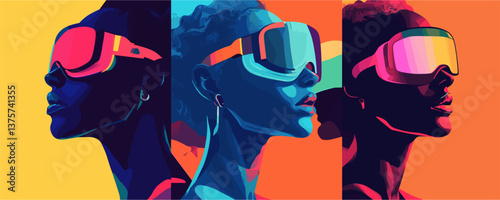 Colorful portraits of women with futuristic visors in bright abstract style - vector.