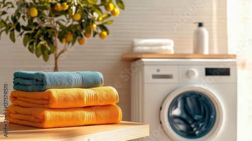 Colorful stack of clean towels in modern laundry room