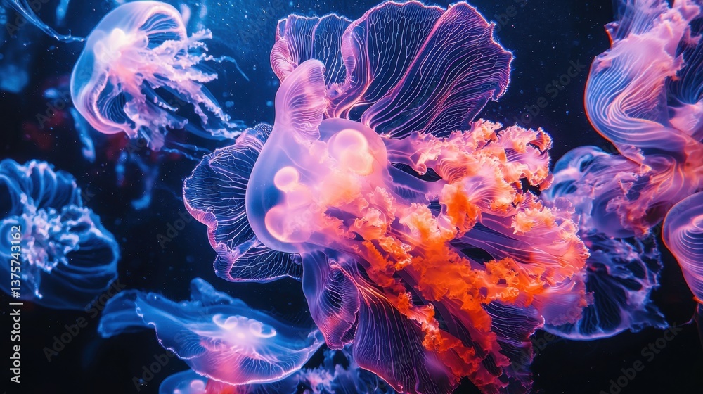 Fototapeta premium A vibrant underwater scene featuring glowing jellyfish, showcasing intricate details and colors against a dark background.