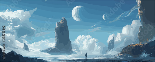 Surreal landscape with distant planets and lone explorer, majestic clouds and towering rocks, vector.