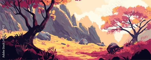 Vibrant autumn landscape with majestic mountains and colorful trees, scenic nature scene, vector.