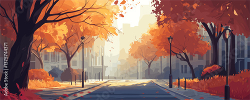 Beautiful autumn city street with colorful trees and streetlamps - vector.
