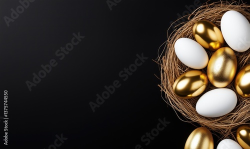 Golden and white Easter eggs in nest on black background