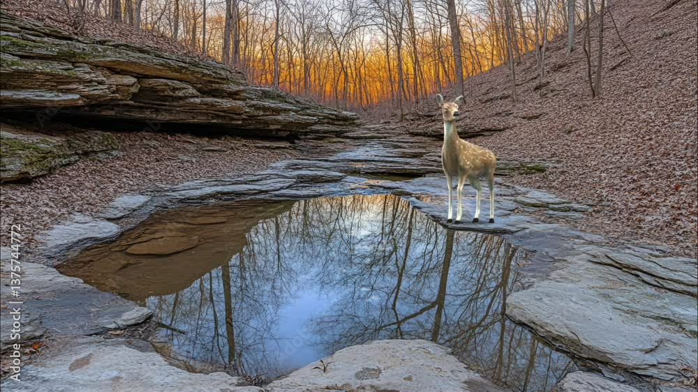Title :

Deer standing beside forest pond with leafless tree reflections in still water at sunrise seamless looping 4k time-lapse animation video background. Nature concept