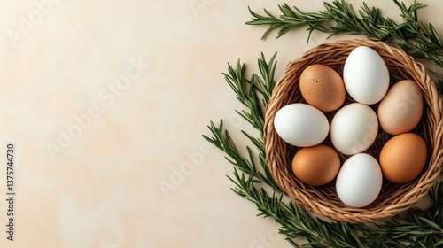 Speckled eggs in a wicker basket with soft floral background