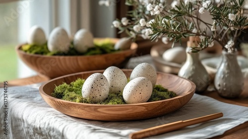 Easter breakfast table setting with roses and pastel eggs