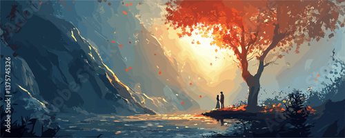 Couple under autumn tree by a river at sunset, surreal landscape art – vector.