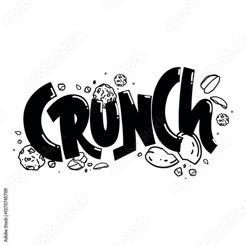 Hand drawn vector lettering black and white logo Crunch with outline crispy balls, nuts, crumbs and cereal