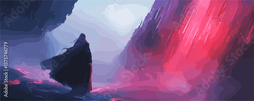 Mysterious figure in colorful abstract landscape at dusk - vector.