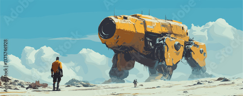 Futuristic desert landscape with large yellow mech and two explorers in expanse - vector.