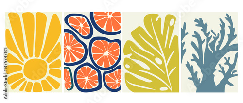 Botanical doodle background art vector set. Flower and leaves abstract shape doodle art design for print, wallpaper, clipart, wall art for home decoration