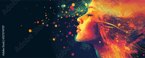 Vibrant abstract side portrait of a woman with colorful splashes on dark background - vector.