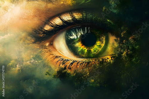 Vivid green eye peers through misty foliage and clouds, merging human and nature to suggest intuition, mystery, and environmental awareness.