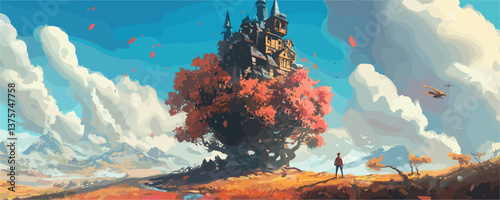 Enchanted floating castle on autumn tree with distant dragon and adventurer – vector.